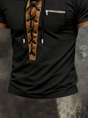 Men'S Retro Color Block Lace-Up Casual Short-Sleeve Top