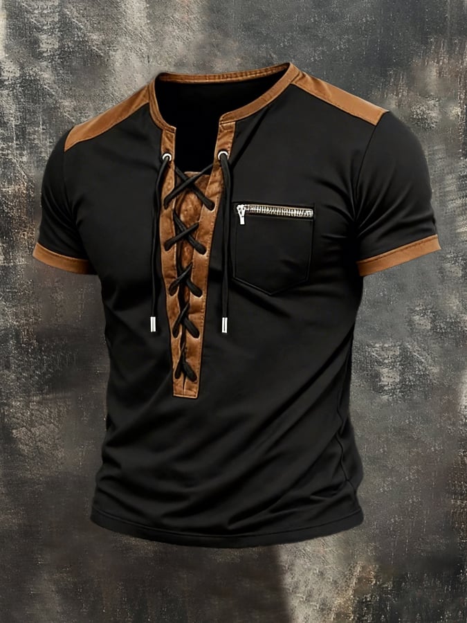 Men'S Retro Color Block Lace-Up Casual Short-Sleeve Top