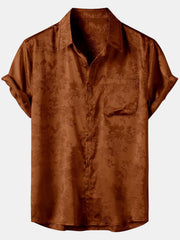 Men's Brown Jacquard Pocket Silky Satin Floral Short Sleeve Shirt