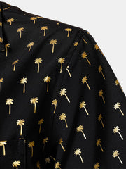 Men's Golden Palm Tree Cuban Collar Short Sleeve Shirt