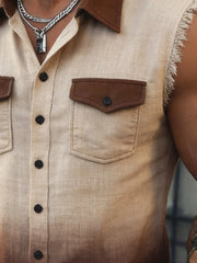 Men's Vintage Cotton-Linen Ombré Sleeveless Top with Frayed Edges