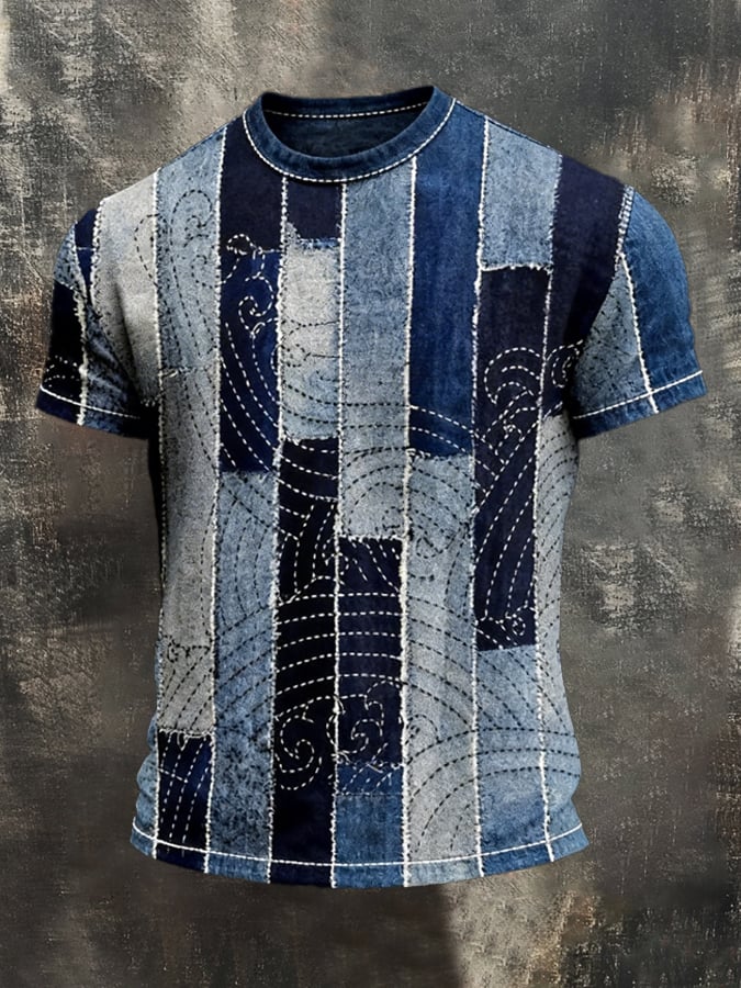 Men's Retro Print Crew Neck Short Sleeve T-Shirt