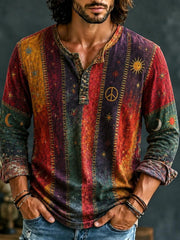 Men's Vintage Patchwork Peace Sign Sun Moon Star Art Print Henley Neck T-shirt
