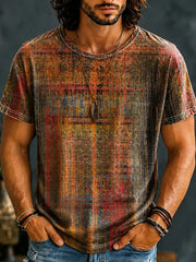 Men's Hippie Vintage Distressed Plaid Texture Print Short Sleeve T-shirt