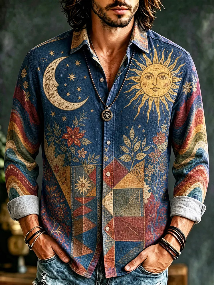 Men's Vintage Long Sleeve Button-down Shirt - Dark Blue Celestial Sun, Moon, Stars And Geometric Patchwork Floral Print Top
