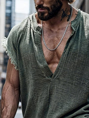 Men's Retro Cotton Linen Frayed Edge V-Neck Short-Sleeve T-Shirt