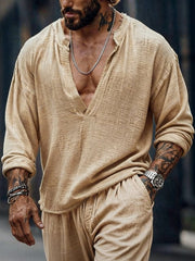 Men's Retro Cotton Linen Special V-Neck Long-Sleeve T-Shirt