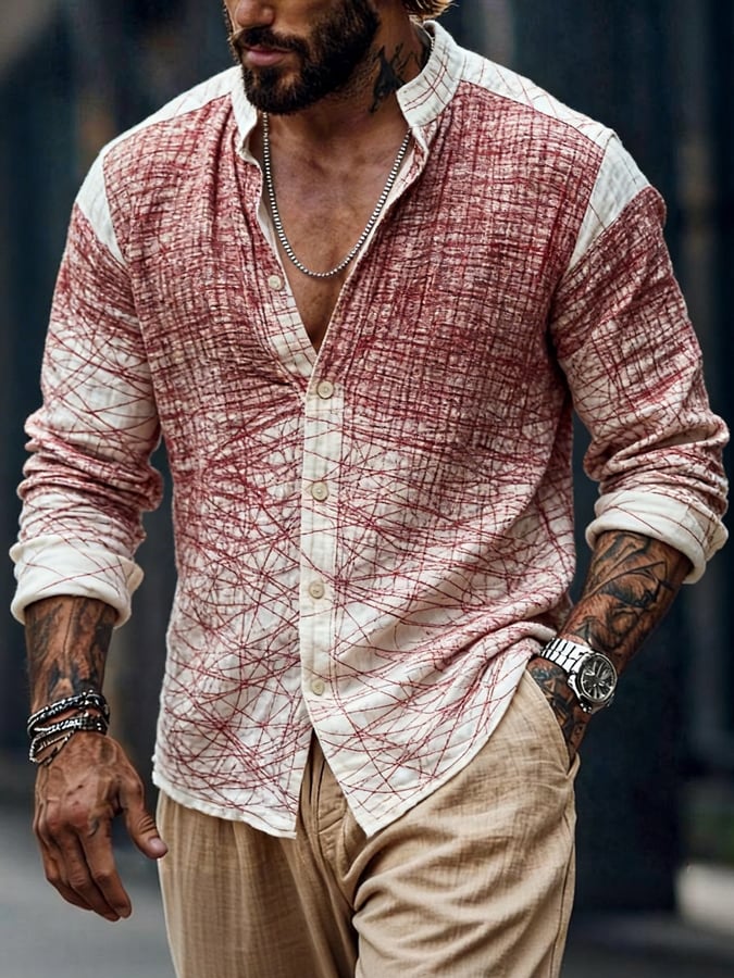 Men's Retro Cotton Linen Color Block Striped Stand Collar Long Sleeve Shirt
