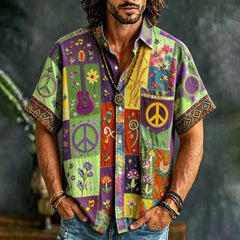 Men's Peace Sign And Guitar Hippie Patchwork Print Casual Shirt