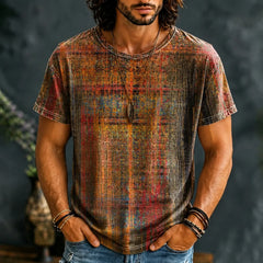 Men's Hippie Vintage Distressed Plaid Texture Print Short Sleeve T-shirt