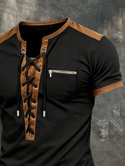 Men'S Retro Color Block Lace-Up Casual Short-Sleeve Top