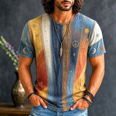 Men's Hippie Patchwork Sun Moon Star Boho Art Print T-shirt