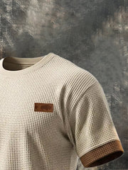 Men's Retro Waffle Color-Blocking Casual Suit (Short Sleeves + Elastic Waist Shorts)