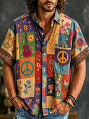 Men's Peace Sign And Guitar Hippie Patchwork Print Casual Shirt