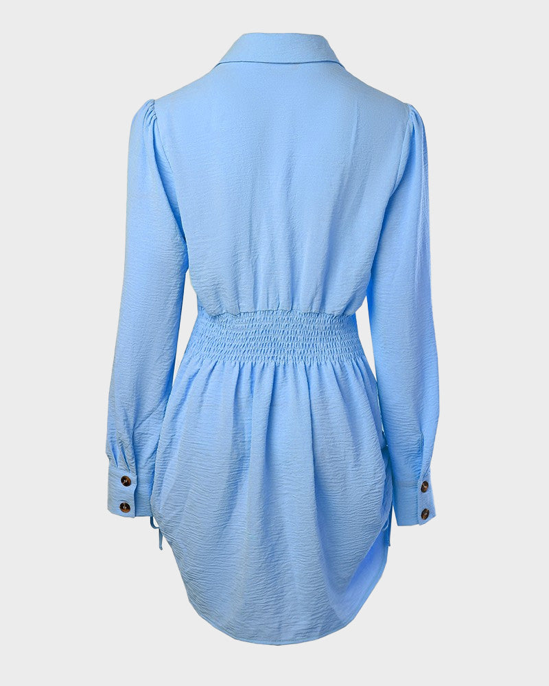 Long Sleeve Button Down Drawstring Shirt Dress - view 9