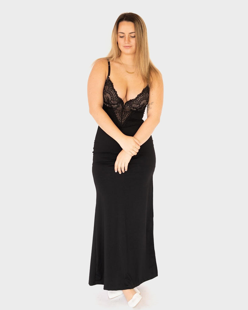 Deep-V Lace High-Slit Maxi Dress with Built-In Shapewear - view 3