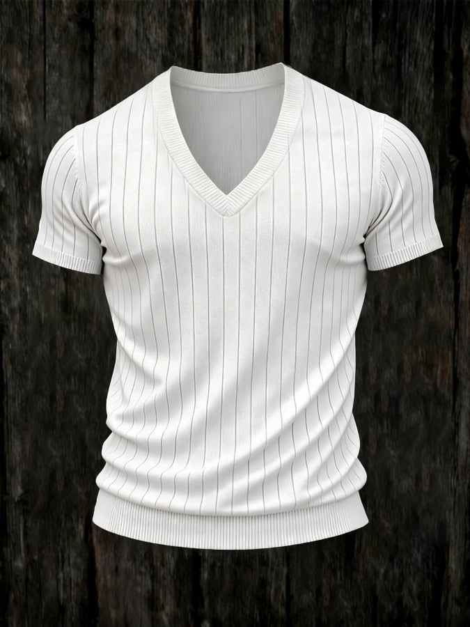 Men'S Fashionable Casual Ribbed V-Neck Short-Sleeved T-Shirt