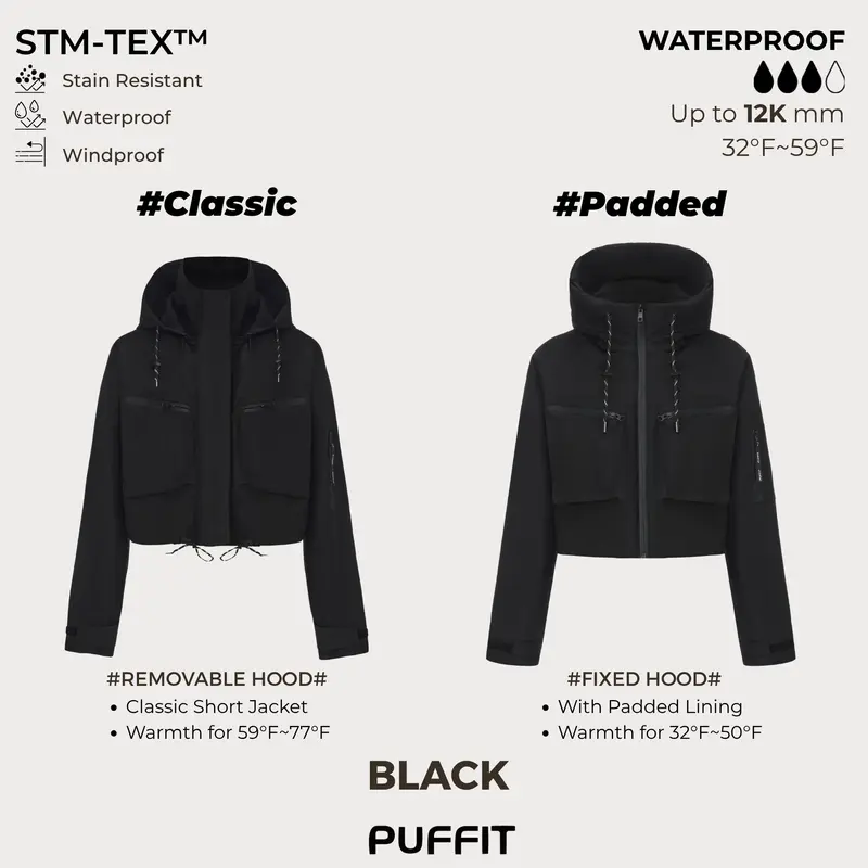 Women's Cropped Waterproof Rain Jacket | Detachable Hood Windbreaker