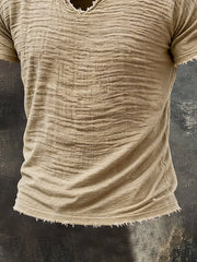 Men's Retro Cotton Linen Frayed Edge Special V-Neck Short-Sleeve T-Shirt