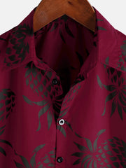 Men's Cotton Pineapple Print Red Summer Hawaiian Button Up Short Sleeve Shirt