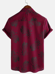 Men's Cotton Pineapple Print Red Summer Hawaiian Button Up Short Sleeve Shirt
