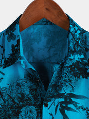 Men's Blue Retro Holiday Breathable Flower Hawaiian Short Sleeve Shirt