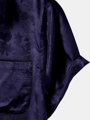 Men's Floral Jacquard Pocket Silky Satin Short Sleeve Shirt