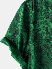 Men's Floral Print Jacquard Silky Satin Short Sleeve Shirt