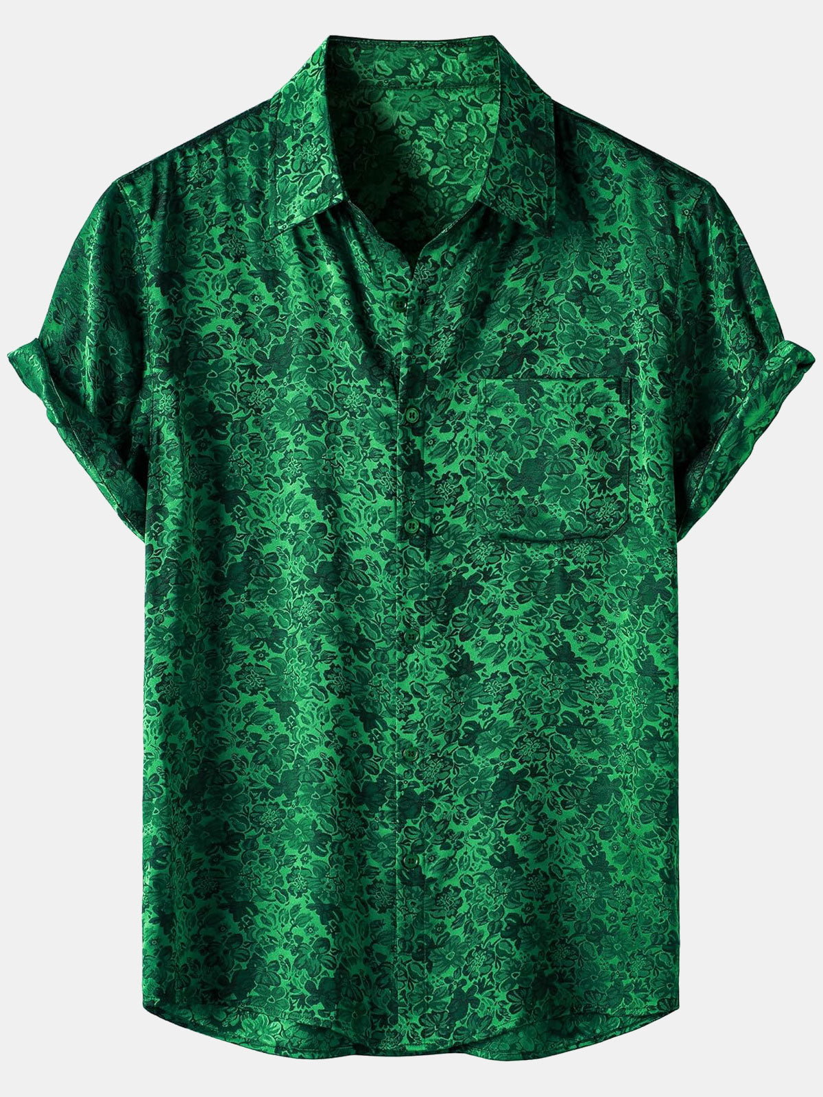 Men's Floral Print Jacquard Silky Satin Short Sleeve Shirt