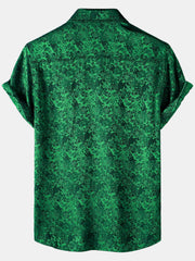 Men's Floral Print Jacquard Silky Satin Short Sleeve Shirt