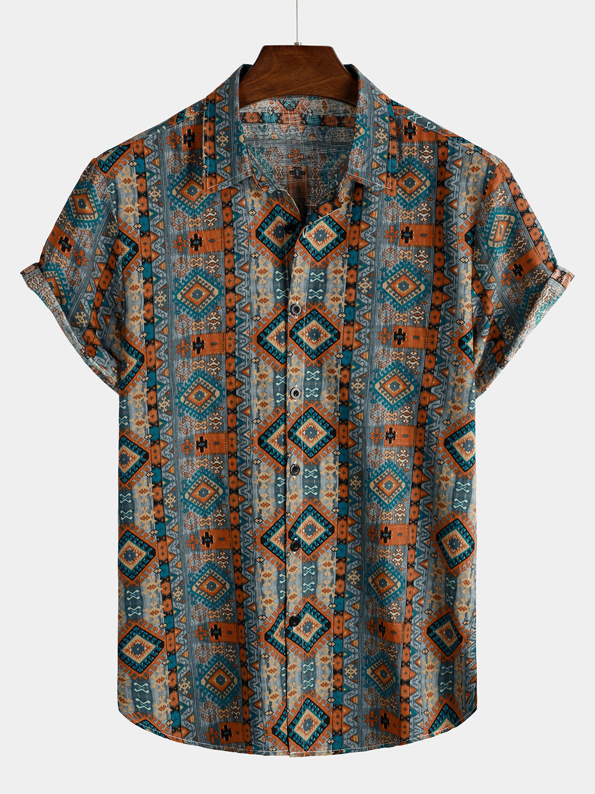 Men's Casual Vintage Short Sleeve 70s Retro Patchwork Button Up Lapel Shirt