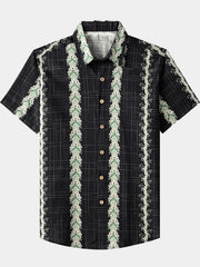 Men’s Vintage Hawaiian Botanical Stripe Cotton Breathable Summer Holiday Short Sleeve Shirt