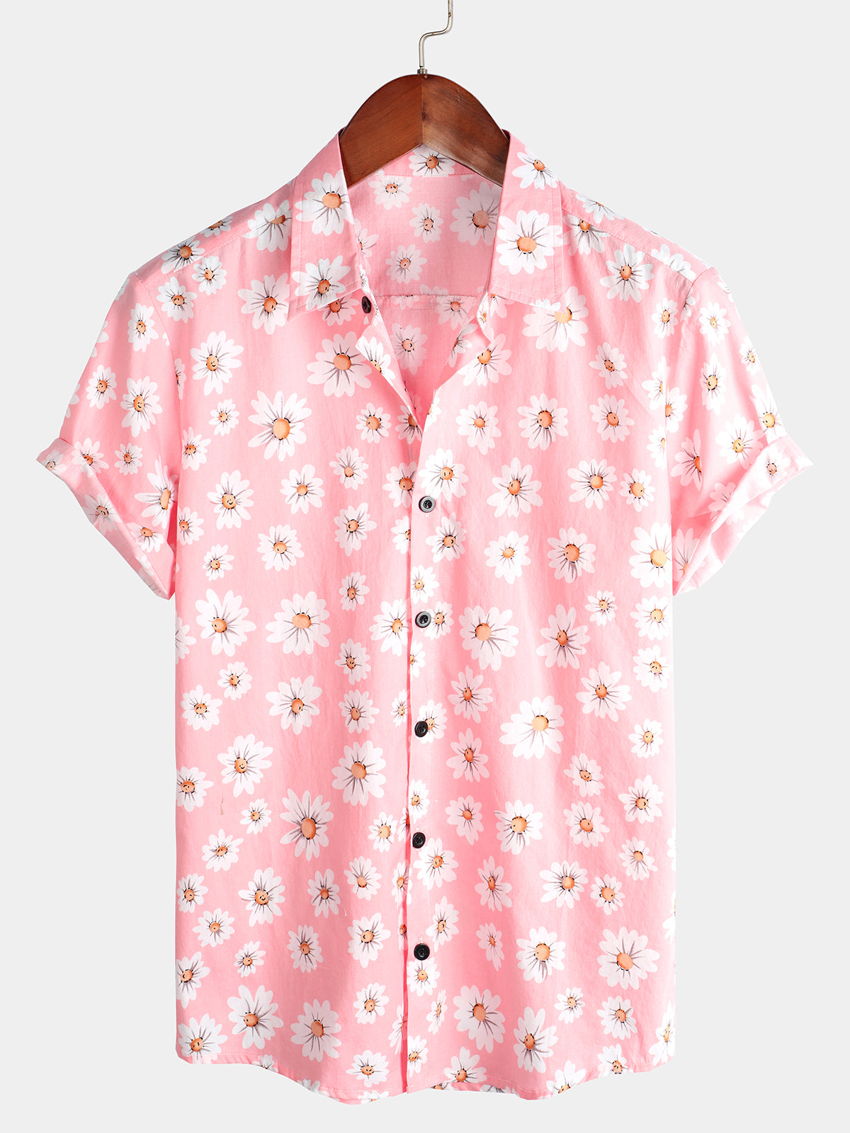 Men's Pink Floral Daisy Print Tropical Hawaiian Cotton Flower Shirt