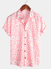 Men's Pink Floral Daisy Print Tropical Hawaiian Cotton Flower Shirt