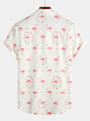 Men's Pink Flamingo Print Cotton Short Sleeve Shirt