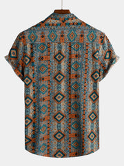Men's Casual Vintage Short Sleeve 70s Retro Patchwork Button Up Lapel Shirt