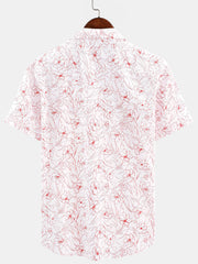 Men's Casual Cotton Line Floral Print Summer Short Sleeve Shirt