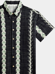 Men’s Vintage Hawaiian Botanical Stripe Cotton Breathable Summer Holiday Short Sleeve Shirt