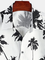 Men's Tropical Palm Tree Print Cotton White Hawaiian Short Sleeve Summer Beach Cruise Camp Shirt