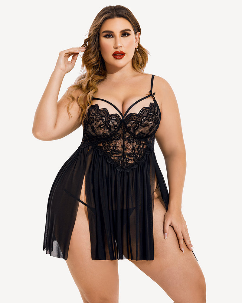Plus Size V Neck Mesh Side Slit Babydolls - view 8