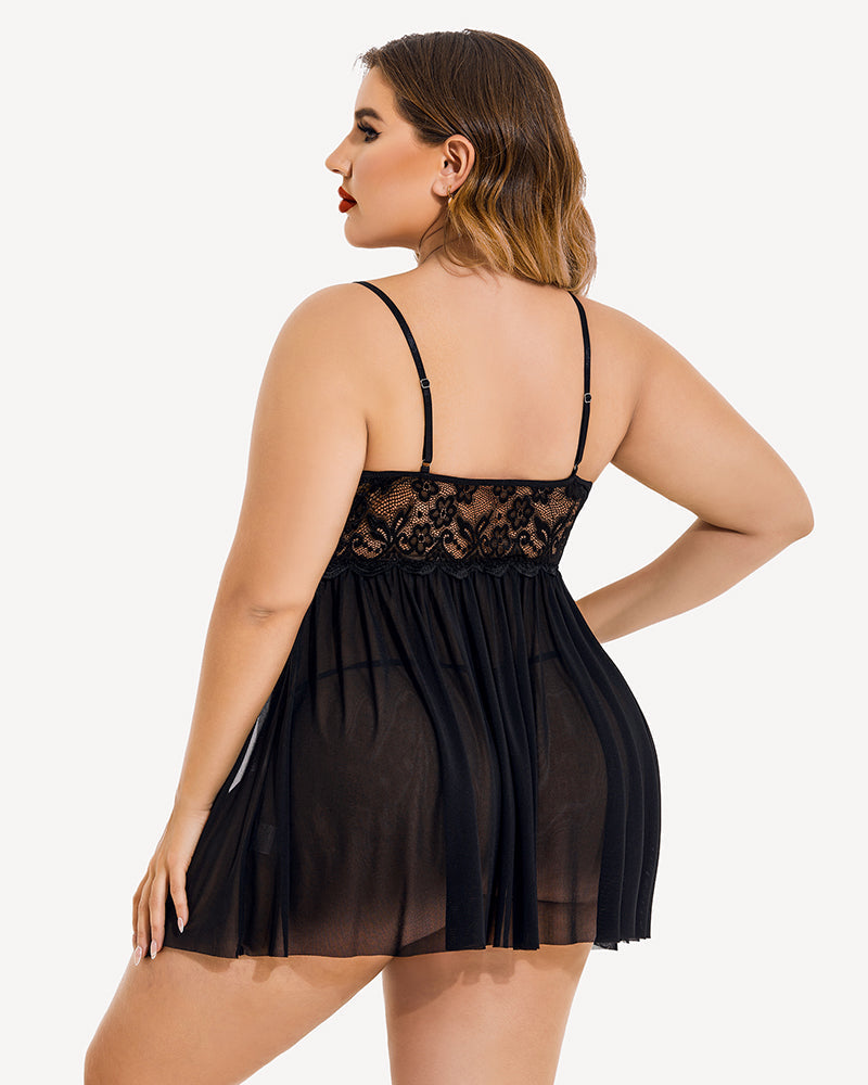 Plus Size V Neck Mesh Side Slit Babydolls - view 2