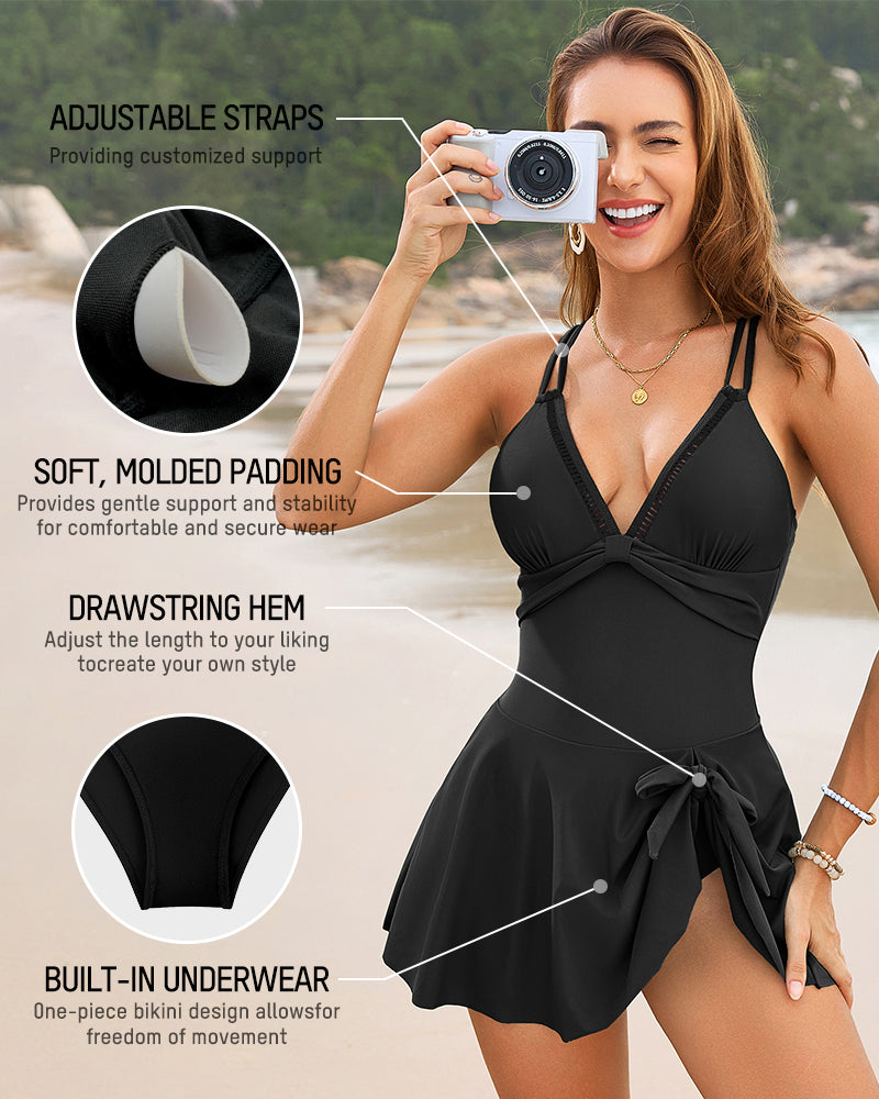 V-Neck Side-Slit One-Piece Swimdress - view 7
