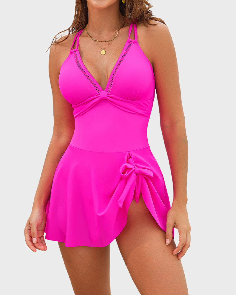 V-Neck Side-Slit One-Piece Swimdress - view 14