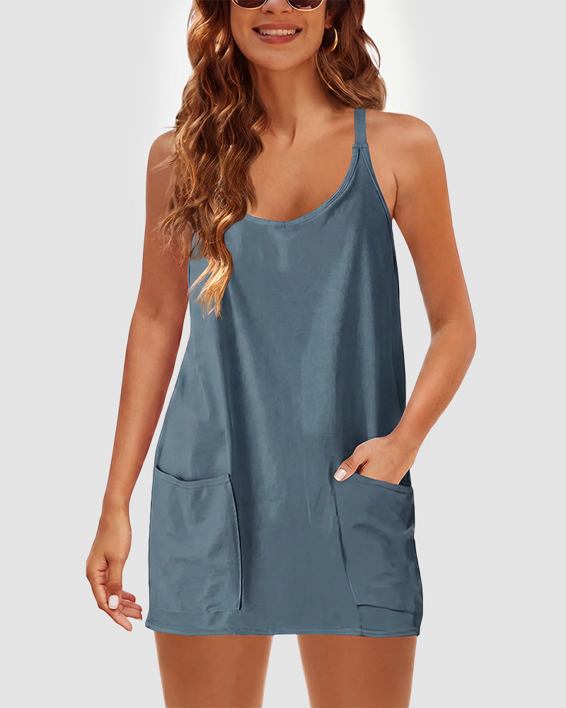 Adjustable Strap Active Mini Dress with Built-In Shorts & Pockets - view 9