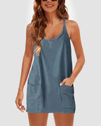 Adjustable Strap Active Mini Dress with Built-In Shorts & Pockets - view 9