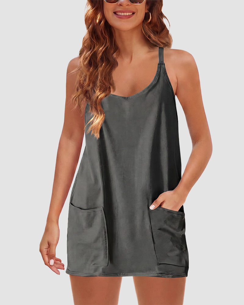 Adjustable Strap Active Mini Dress with Built-In Shorts & Pockets - view 24