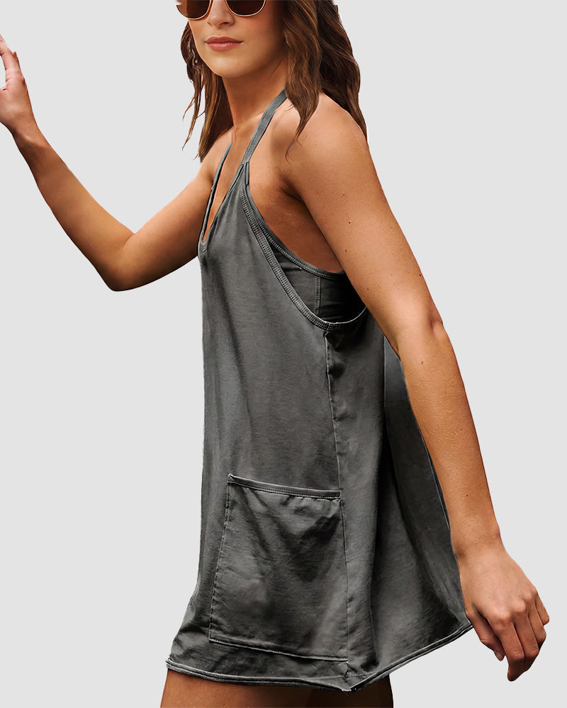 Adjustable Strap Active Mini Dress with Built-In Shorts & Pockets - view 25