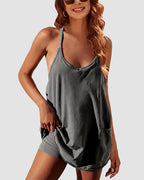Adjustable Strap Active Mini Dress with Built-In Shorts & Pockets - view 23