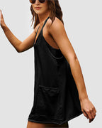 Adjustable Strap Active Mini Dress with Built-In Shorts & Pockets - view 14