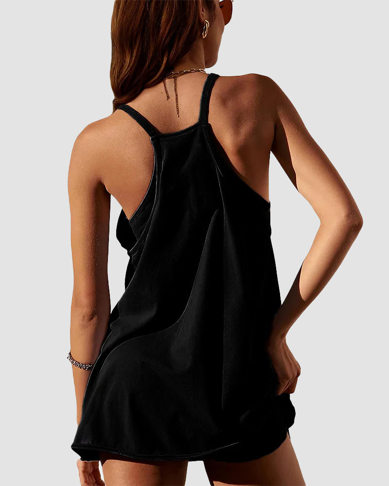 Adjustable Strap Active Mini Dress with Built-In Shorts & Pockets - view 15